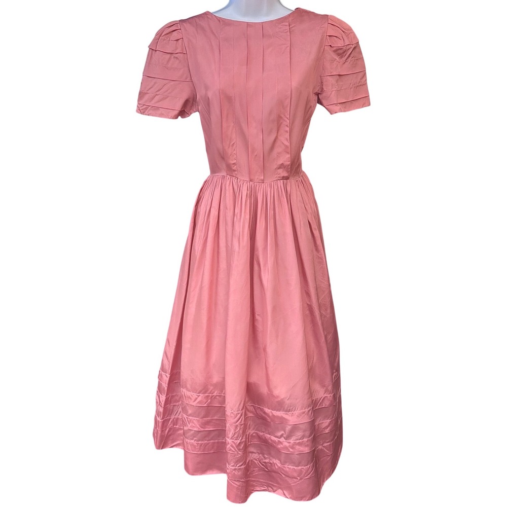 Vintage 1950's Pink Pleated Fit Flare Dress Coquette Retro Girly tea Party Twee